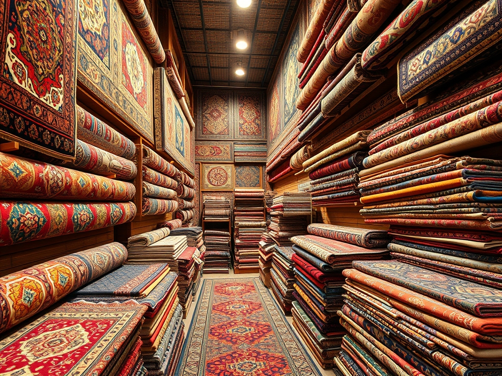 یک فروشگاه قالی ایرانی پر از طرح‌ها و نقش‌های زنده و سنتی.16