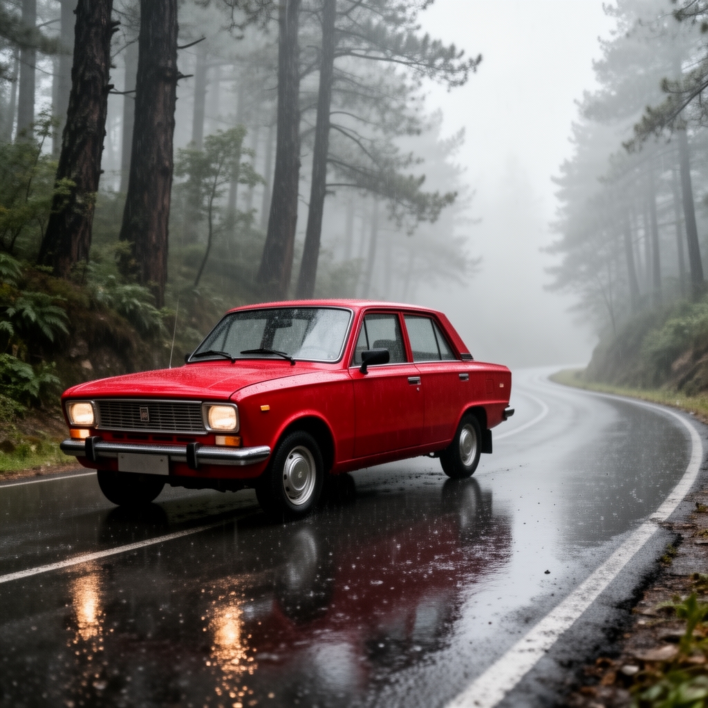 پیکان جوانان گوجه‌ای رنگ کلاسیک که در جاده چالوس شمال ایران حرکت می‌کند، جنگل‌های مه آلود در اطراف، هوای بارانی و نوستالژیک.5