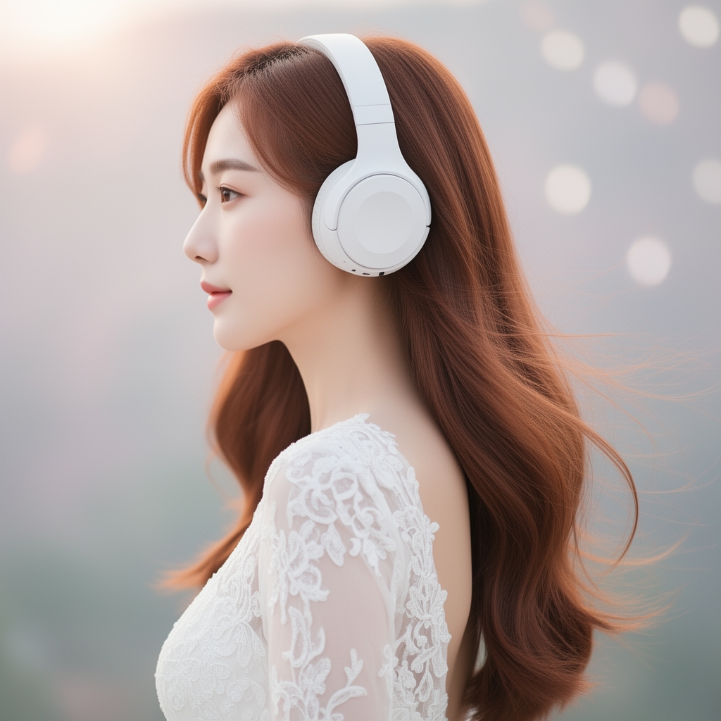 دختر کره ای با لباس عروس باشه موها بلند خرمایی هدفون سفید از کنار باش1