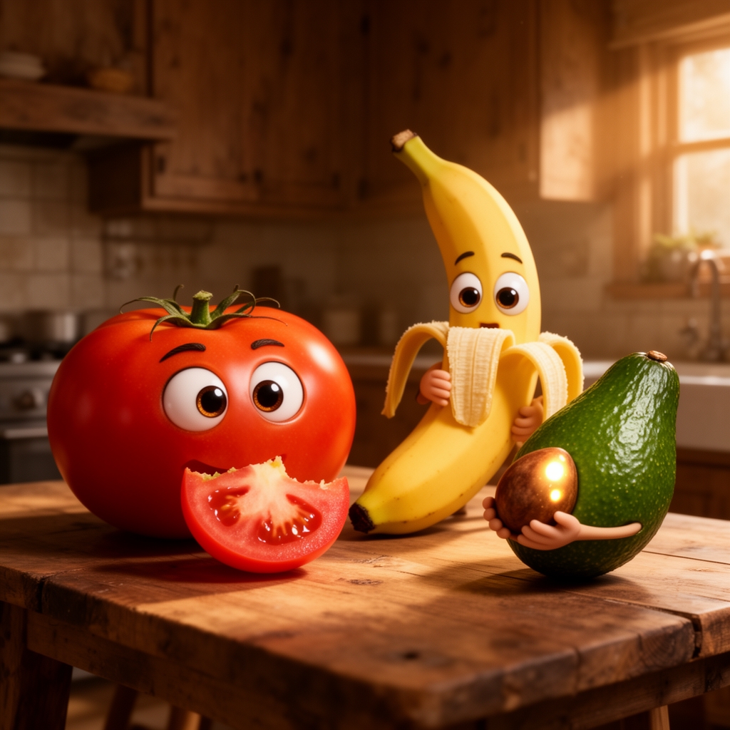 عکس یک گوجه که داره با چشمای درشت به دوربین نگاه میکند و کنار میز ایستاده و دارد گوجه خورد می کند و یک موز هم به دوربین نگاه میکند با چشم ها درشت و دارد موز میخورد که در یک خانه چوبی زندگی میکنند و در اشپز خانه اند و یک اواکادو که هسته اواکادو در دست دارد انجا هستند و اواکادو دارد به هسته نگاه میکند0