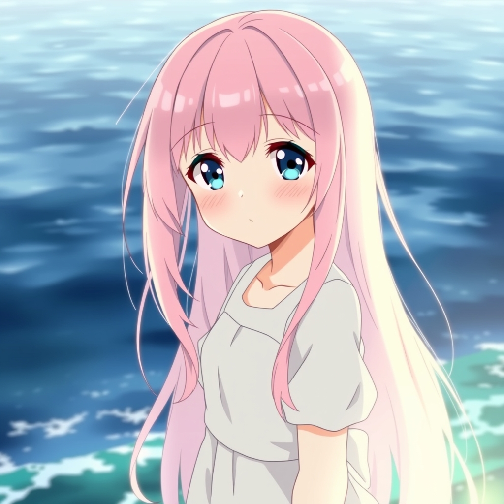 دختری با موهای بلند صورتی خیلی کمرنگ و چشمای آبی، و پیراهن سفید در لب دریا3