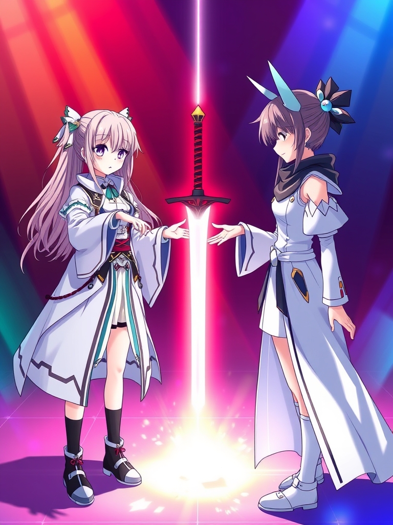 دوتا دختر یکی سمت راست یکی سمت چپ دور از هم باشند دختر سمت راست لباس و ماسک خفن سفید داره و دختر سمت چپ دقیقا همون لباس خفن تر با ماسک مشکی داره یه شمشیر جادویی بینشونه و هر دو یکی از دست هاشون رو دراز کردند تا بگیرنش 17