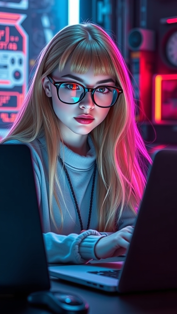 دختر به سفیدی برف به سرخی گل  موهای بلندی به رنگ طلایی داره که جلوموهاش چتری زده  چشم های درشت به رنگ قهویه روشن داره و عینکی  نشسته پشت میز کارش داره با لبتابش کار میکنه 23