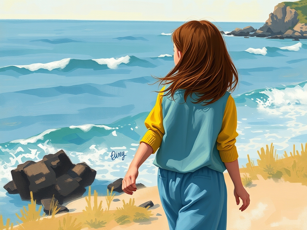 دختری زیبا بل لباس استایل روزانه و به رنگ ابی و زرد و موهای بلند و کمی فر به رنگ خرمایی
در حال قدم زدن که به یک منظره امواج دریا نگاه می کند به سبک پست امپرسیونیسم 4