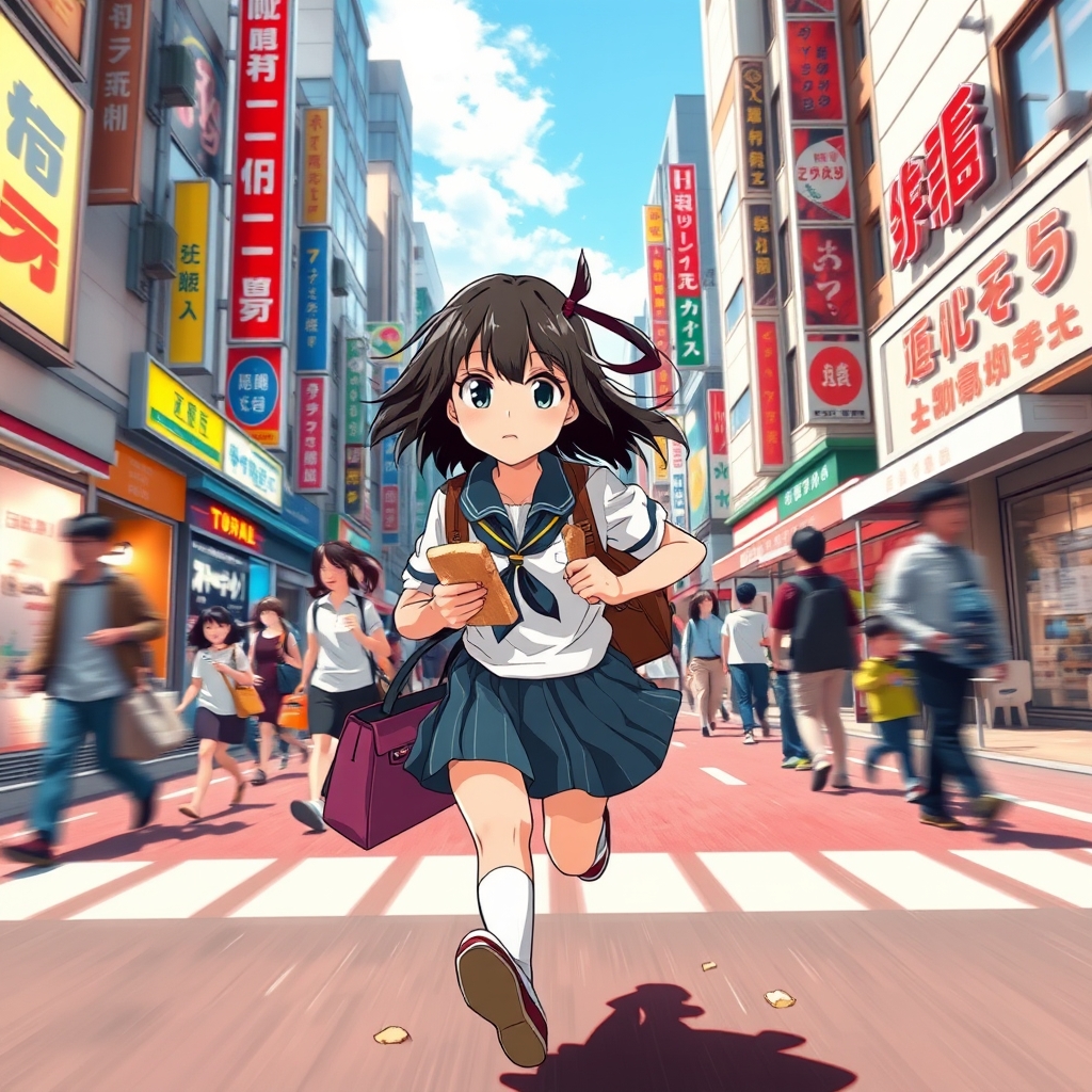 یک دختر انیمهای با لباس مدرسه ژاپنی که در حال خوردن نان تست است و با عجله میدود، کیف مدرسه در دست، خیابان شلوغ توکیو.0