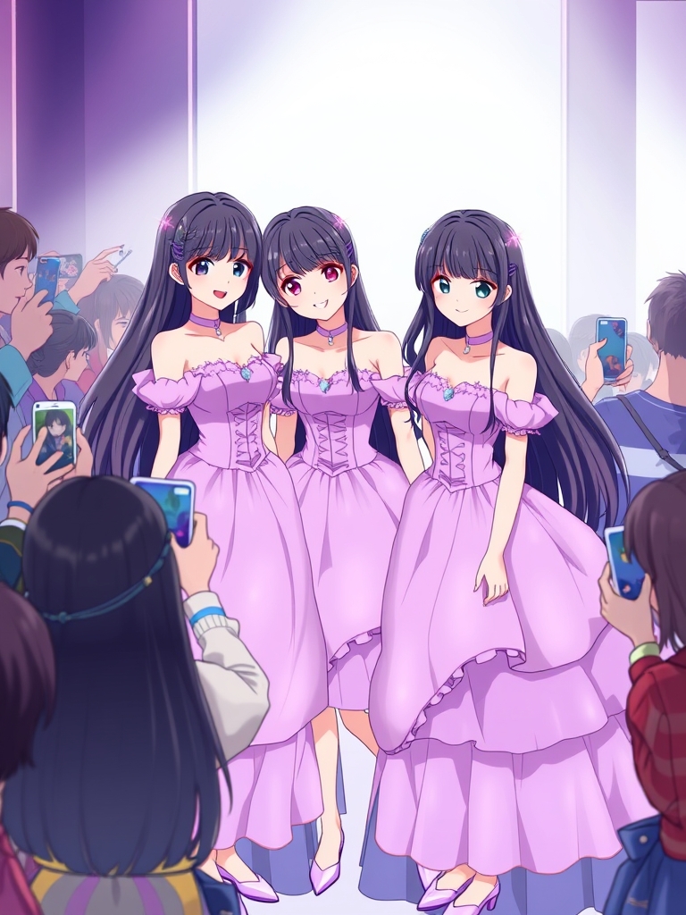 سه قلو ها ، سه خواهر سه قلو و شبیه هم که هر سه تاشون خیلی معروف هستند و مو های هرسه تاشون خیلی خیلی بلند و مشکی  است و همه دارن از هر سه تاشون عکس می گیرند و امضا می گیرند و لباس هر سه تاشون بنفش و اکلیلی و براق و دامن  دار و پف پفی مانند پرنسس ها است و موهای هر سه تاشون تکان می خورد 19