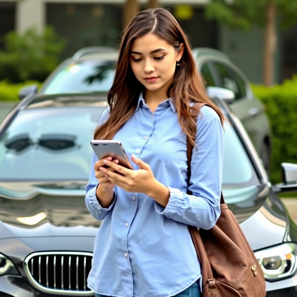 عکس یه دختر خفن که جلوی ماشین بی ام و وایستاده و توی گوشیش نگاه میکنه0