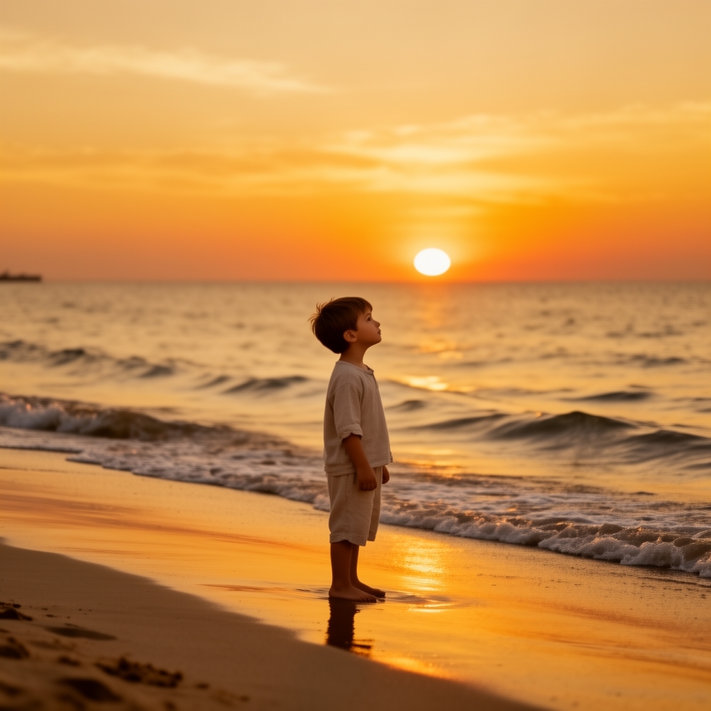 عکس یک پسر بچه تنها کنار دریا که به غروب خورشید نگاه میکند
5