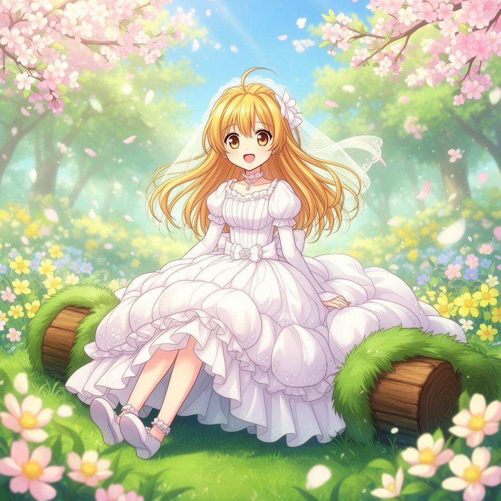 یک دختر بچه 11 ساله با لباس عروس پفپفی زیبا با موهای طلایی کم رنگ در پشت زمینه یک فصل بهاری که روی یک کنده چوب با خز سبز نشسته 1