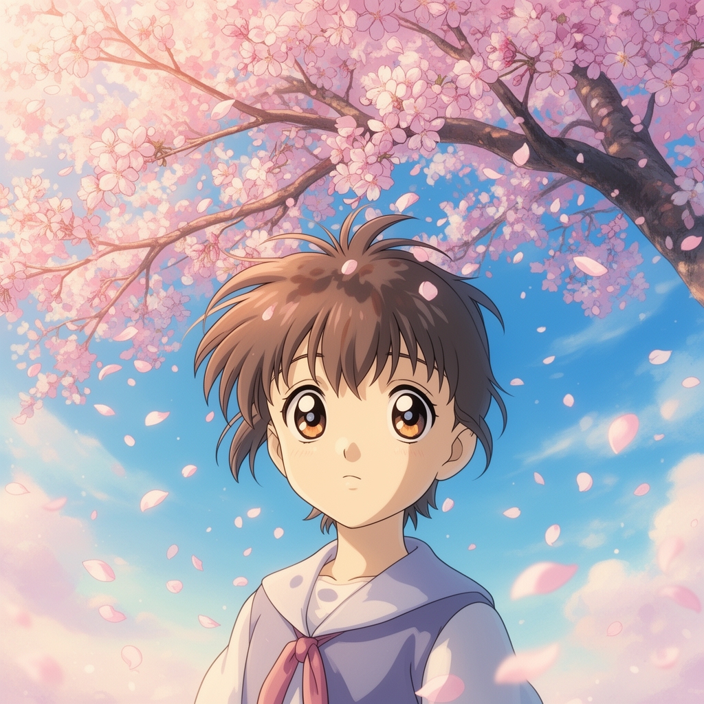 دختر انیمهای با چشمهای درشت و براق که زیر درخت شکوفه گیلاس ایستاده، گلبرگها در باد میرقصند، سبک استودیو جیبلی، آسمان آبی روشن.5
