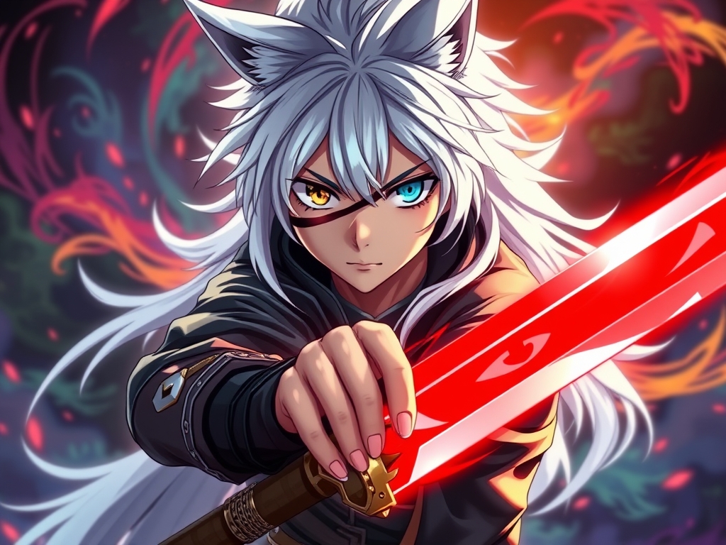 پسری با یک زخم بر روی چشم ، موهای بلند سفید گوش های گرگی چشم های آبی و زرد با یک شمشیر قرمز در دست 12