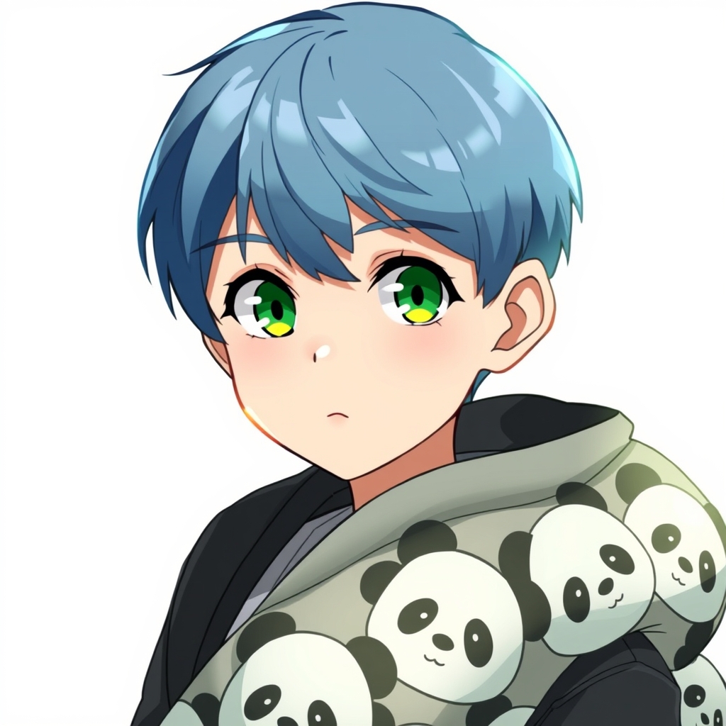 پسر زیبا با چشمان سبز و مو های کوتاه وصاف آبی با کیف که روی آن پر از پاندا است15