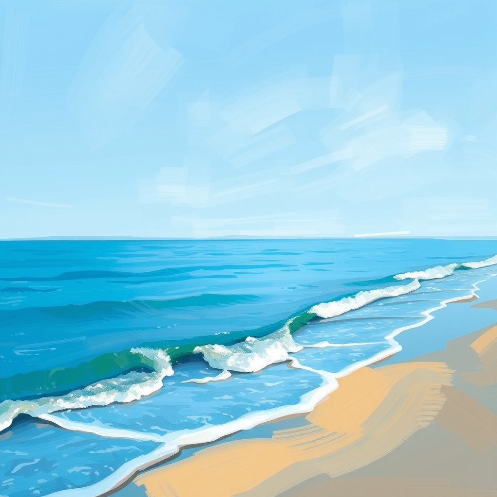 دریای آبی آرام با کمی موج بر ساحل شنی نقاشی رنگ روغنی ونکوگ 3