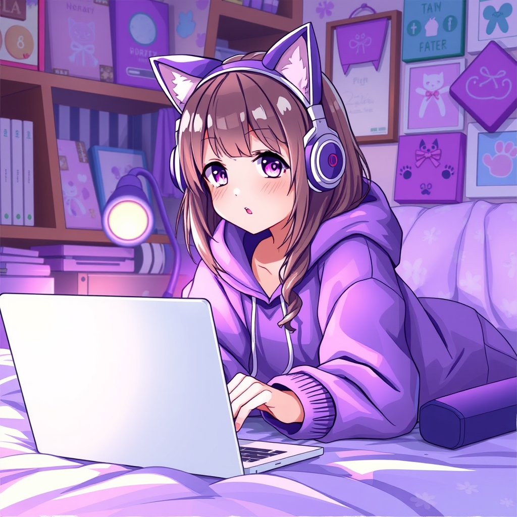 دختری با هدفون گربه ای و هودی بنفش
که روی تخت خوابش دراز کشیده و به لپ تاپ نگاه می کند.با جزییات بنفش و گربه ای 1