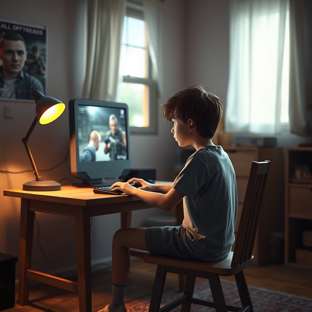 پسری که روی میز کامپیوتر دارد بازی کالاف میکند2