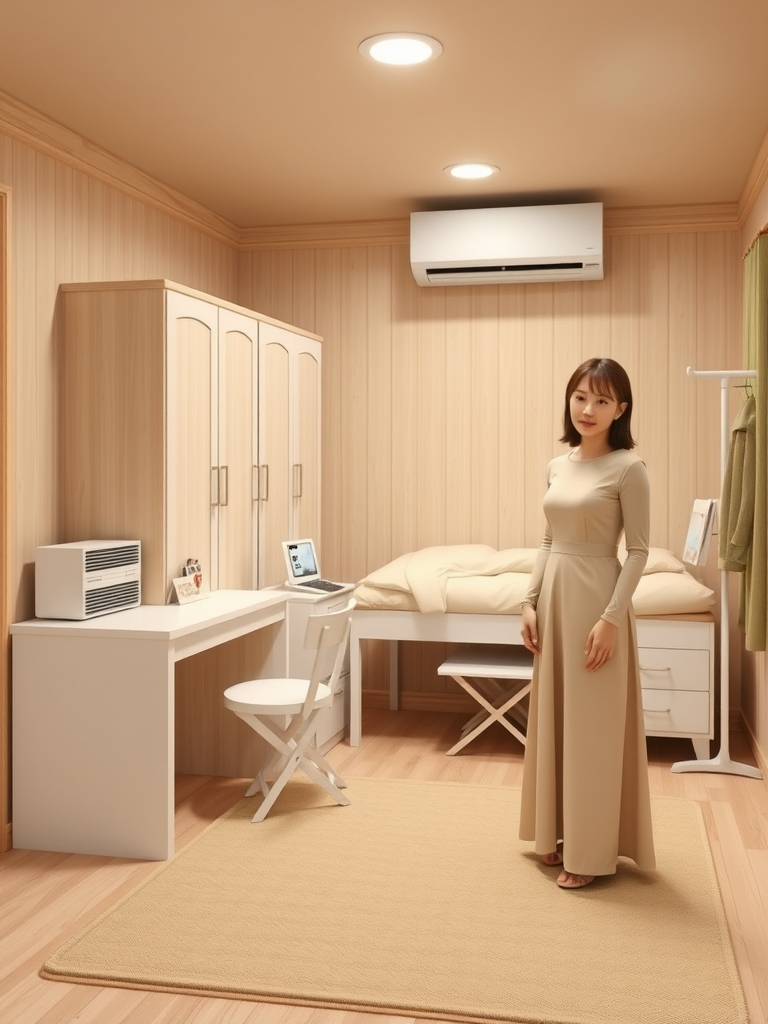 اتاق ۳در ۴ دخترانه طرح چوب تخت در بالا و کمد به رنگ سفید و میز تحریر سفیدتر زیر آن و میز آرایشی کوچک در زیر آن و در روی تخت یک میز تا شو ویک جا برای گذاشتن کنترل کولر و موبایل و یک کولر کوچک با فرش ۳در ۴ کرم قهوه ای ویک چوب لباسی برای آویزان کردن لباس ها18