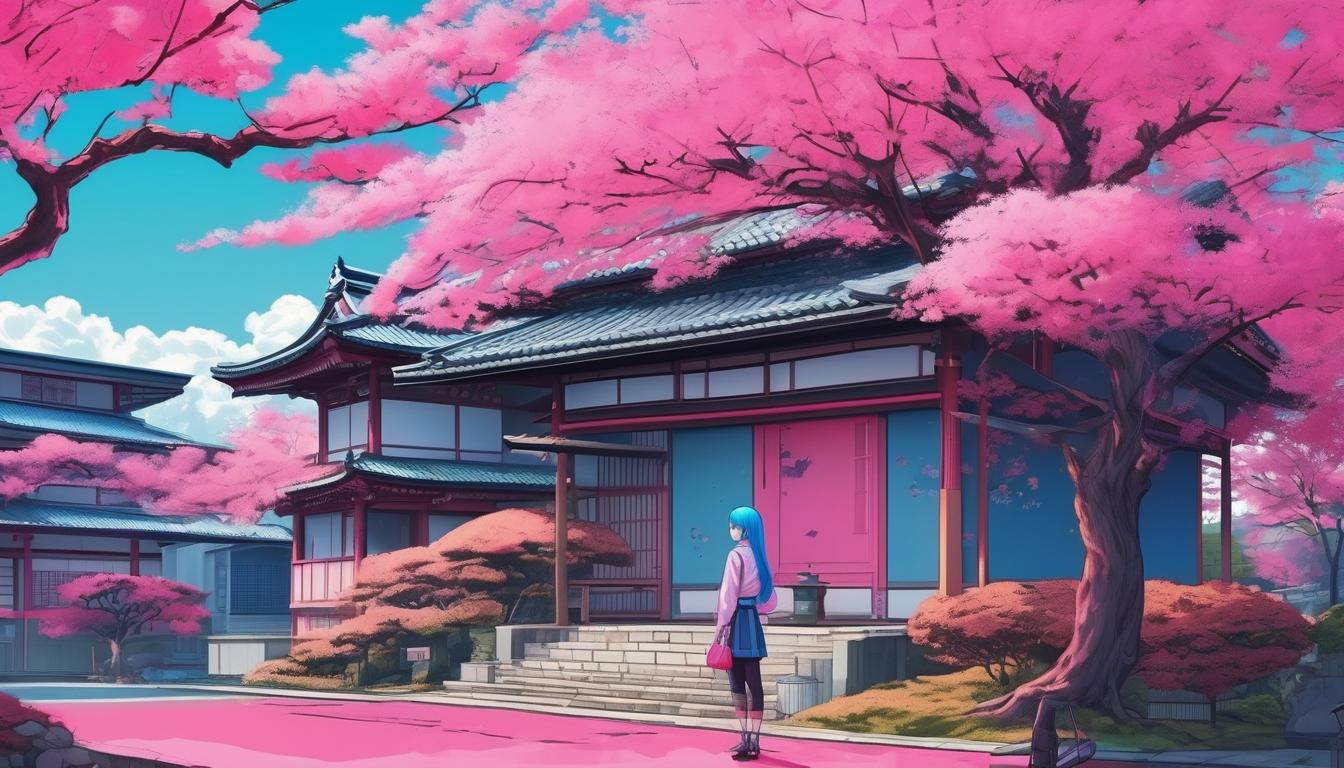 درخت های صورتی ژاپنی در کنار خونه ای ژاپنی و دختری زیبا و مو آبی ژاپنی در کنار خونه و درخت ژاپنی  17