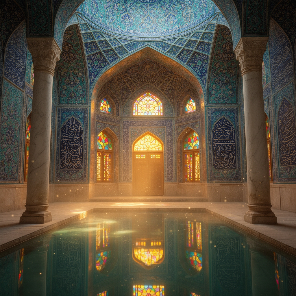 نمای داخلی یک مسجد قدیمی ایرانی با کاشیکاریهای فیروزهای و لاجوردی خیرهکننده، انعکاس تصویر در حوض آب وسط حیاط، معماری دقیق.0