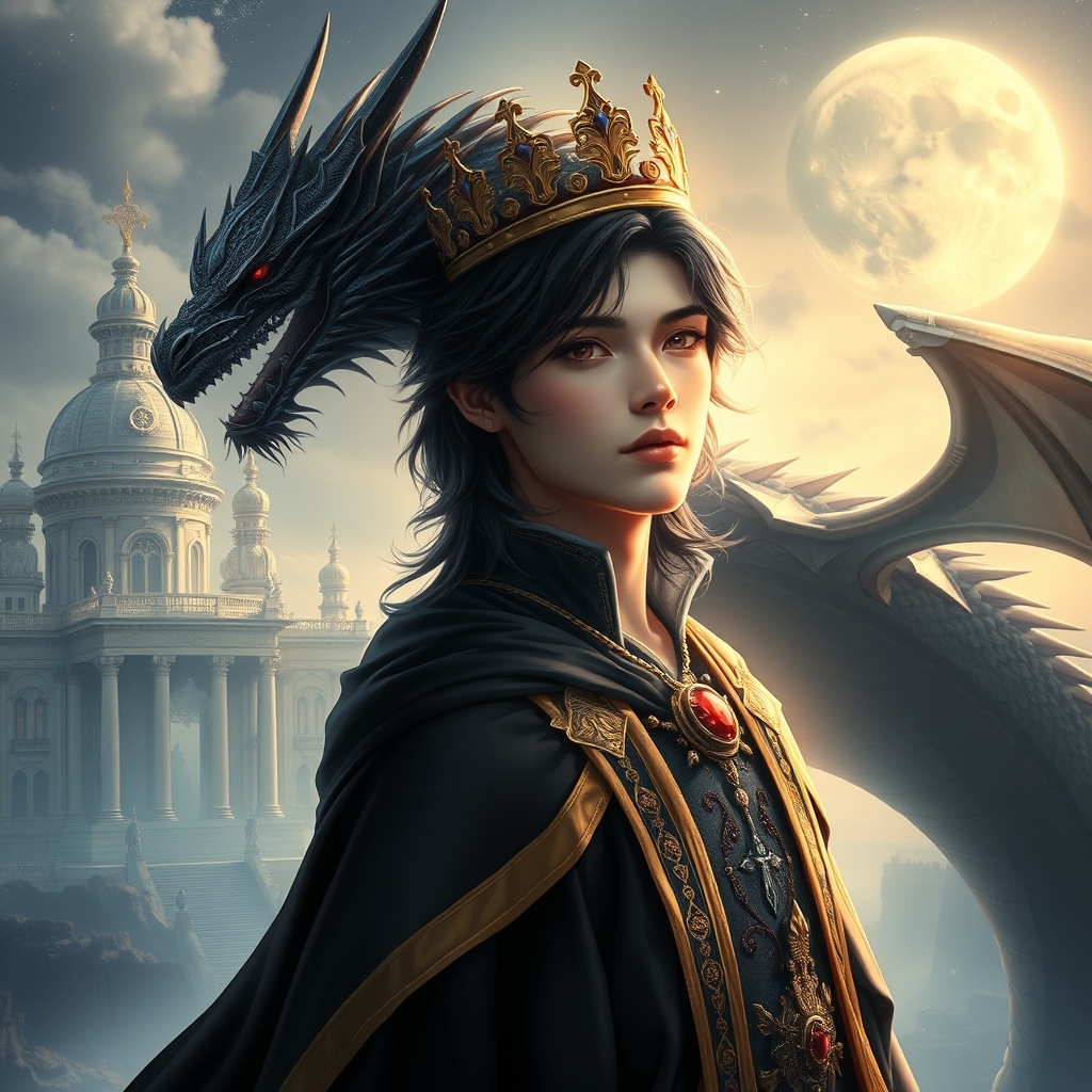 زیباترین مرد جوان در هستی حتی در رویایی که شکوه خدا را داشته باشد که نظیر آن در دنیا نباشد که همه از شدت زیبایی به او سجده کنند که با موهای مشکی رنگ بلند حالت دار و موجدار ایکلیری نچندان بلند و نچندان کوتاه و زیبایی رو داشته باشد که با چشمانی کریستالی قرمز رنگ خونی باشد که با پوست سفید همچون ماه و با لبانی سرخ همچون یاقوت با گونههایی صورتی که تاجی از طلا بر سر داشته باشد که لباس سلطنتی مشکی طلایی رنگ توری بر تن داشته باشد که پشت سرش قصر باشکوهی باشد که در کنارش اژدهای بزرگ کریستالی سیاه باشد 3