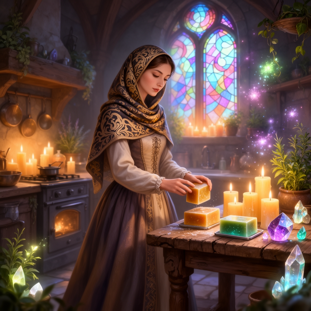 یه خانم باکلاس و خوشگل با یه روسری زیبا
در آشپزخانه هستش،روی میزش داره صابون و شمع میسازه 0