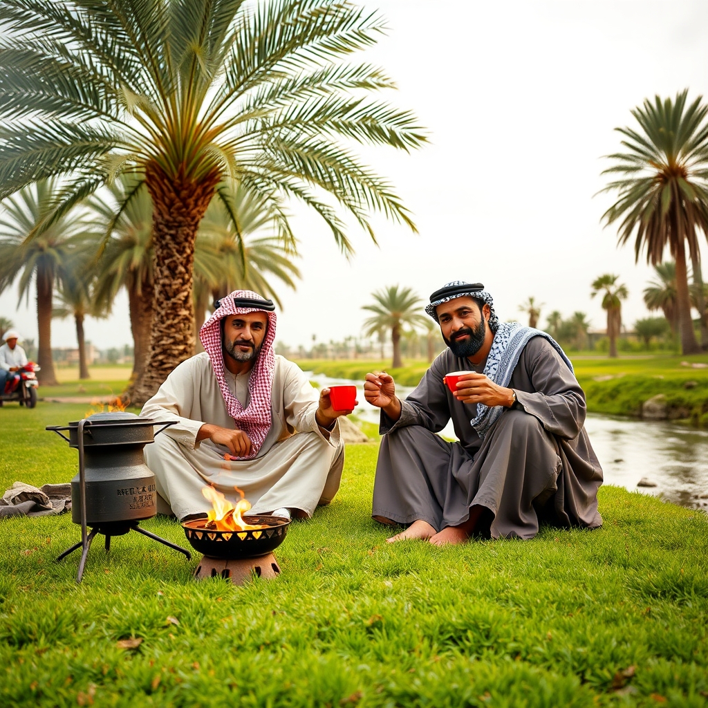 دو نفر عربستانی با دشداشه عربی و چفیه قرمز نشستن و اتش جلوشون روشن و درحال درست کردن قهوه ویکی درحال چای خوردن فنجان در،راست گرفته در چمن زار سرسبز ک درختان نخل و خرما کنار درختان رودخانه بزرگ پراز اب صاف و اسمون ابی روشن صاف پراز ابرهای سفید3
