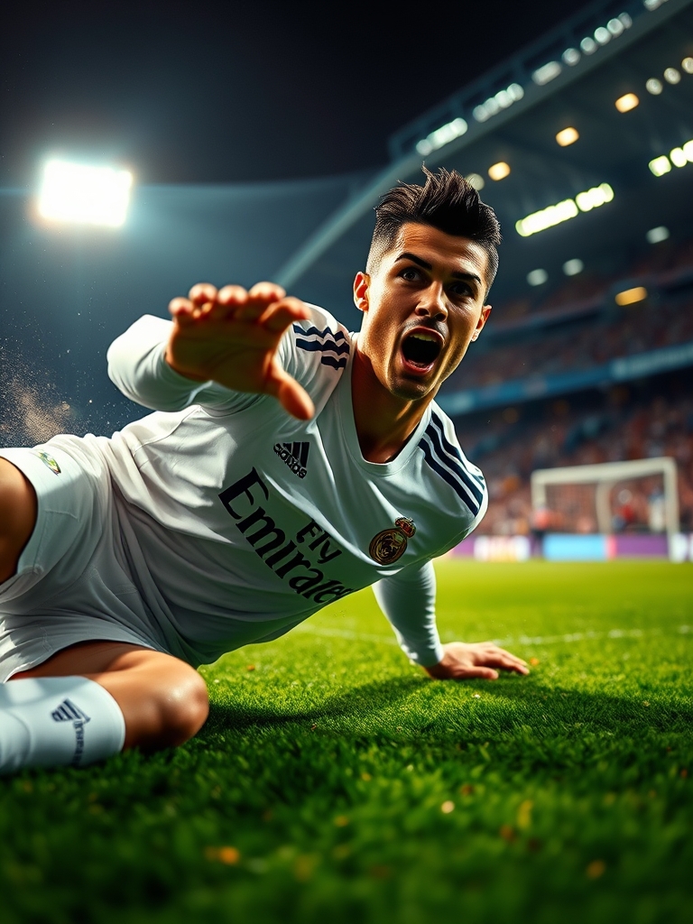 رونالدو در لباس رئال درحال سو کشیدن که لباس خود بادآورده است 0