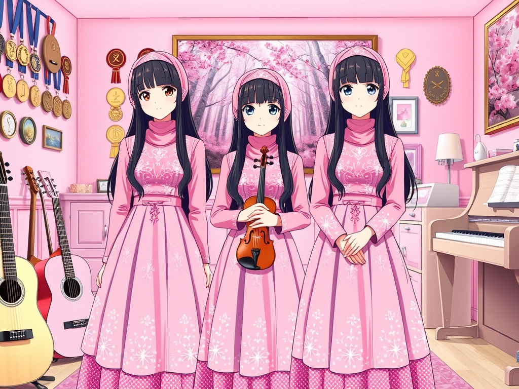 ستین و سوین و سلین سه خواهر سه قلو و شبیه هم هستند که لباس هر سه تاشون صورتی و دامن دار و اکلیلی و براق و مانند پرنسس ها است و مو های خیلی بلند و مشکی دارند و لبخندی ملایم و لب های سرخ دارند و پشت سر آنها اتاق صورتی است و گیتار و ویولن و پیانو در اتاق است و مدال های زیادی به دیوار آویزان شده است و تابلو نقاشی جنگل پر از شکوفه های صورتی روی دیوار است 15