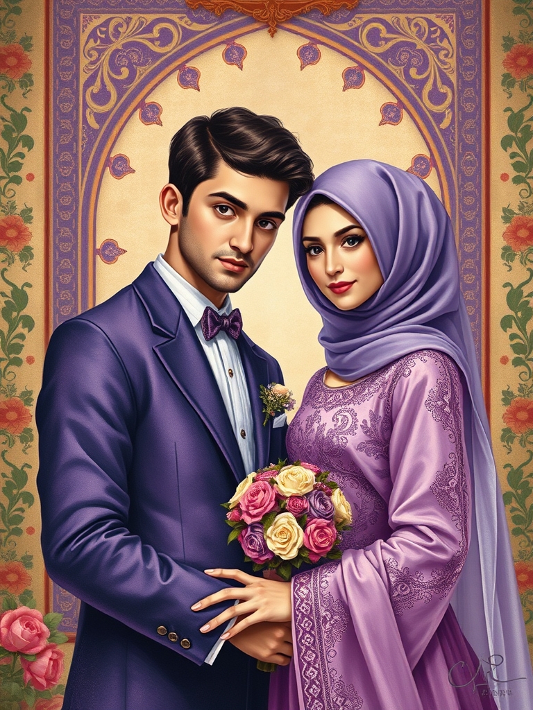 تصویر ازدواج ایرانی زن و مرد ایرانی با لباس و تم ارغوانی زیبا و با حجاب0