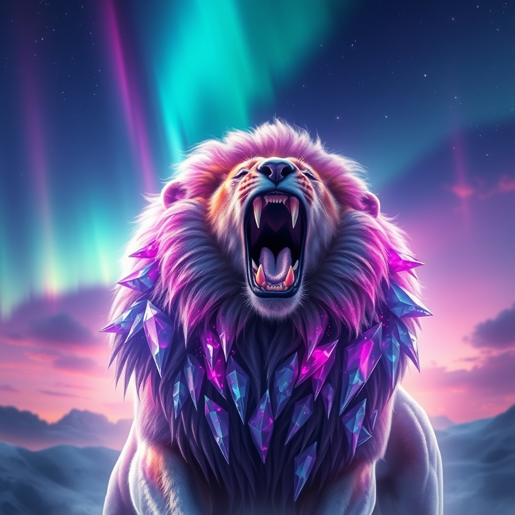 یک شیر قدرتمند با خز کریستالیشکل، غرشکنان زیر آسمانی روشن از شفق قطبی.23