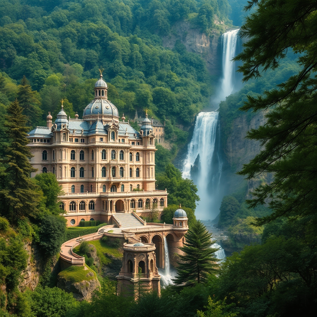 یک قصر در کنار آبشار و جنگل8