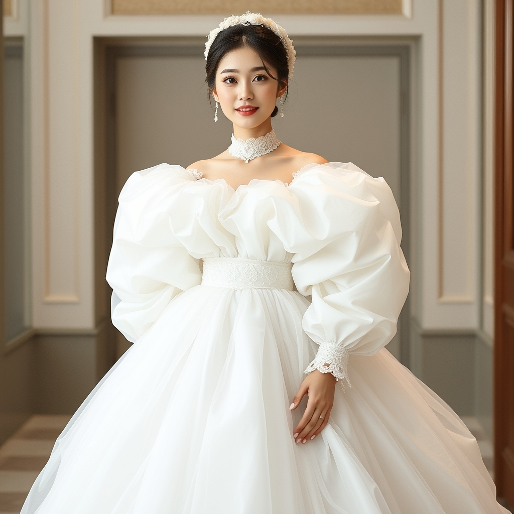 لباس عروس پف دار خیلی بزرگ به اندازه کل جهان  آستین بلند و پف در تن دختر کره ای ۱۸ ساله با پوستی سفید و لب و لپ قرمز 16