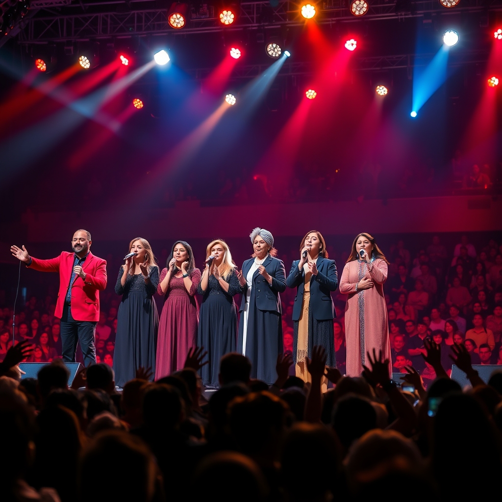 شارومین و هایده و معین و آبی و آرتا و کوروش در استیج خوانندگی دارن باهم می خوانند و پر از تماشا گر12