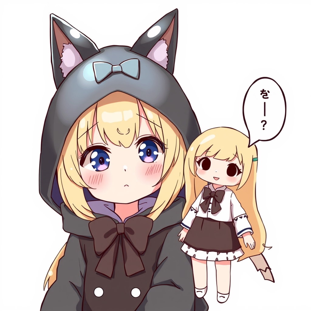 دختری گربه ای هود کرومی خرگوشی که کلاه خفاش را گذاشته است و یک پاپیون وسط کلاهش است خیلی گوگولی و کیوت است و عروسکش هم در بقلش گفته است.12