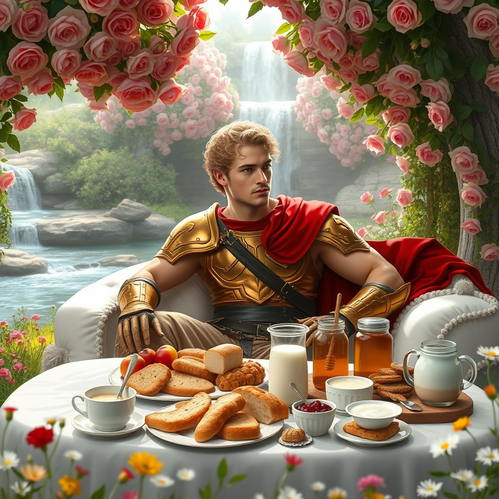 زیر تونل گلهای رز در احاطه رود آبشار یک سردار زیباروی ۳۰ ساله جوان تاتاری موطلایی فرفری چشم سبز عضلانی با زره طلا برتن و ردای سرخ بر دوش بر کاناپه سفید تکیه زده روبرویش میز سفید صبحانه پر نان کره خامه عسل میوه شیر شیر برنج مربا شیرینی کلوچه واقع در دشت گلها
14