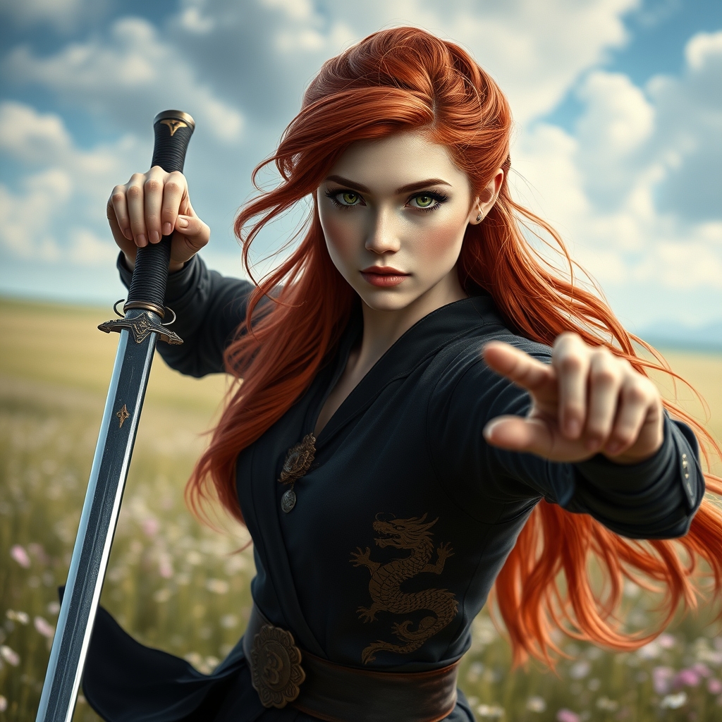 زیباترین زن جوان در جهان حتی در رویایی که شکوه خدا را داشته باشد که نظیر آن در دنیا نباشد که همه از شدت زیبایی به او سجده کنند که با چشمانی سبز رنگ که در مردمکش دشت باشد که با پوست سفیدتر از ماه و با موهای قرمز رنگ حالت‌دار بلند کیوت که با لباس رزمی مشکی رنگی بر تن داشته باشد که طرح اژدهای طلایی رنگی بر رویش حکاکی شده باشه و در دستان شمشیر باشد در حال جنگیدن باشد5