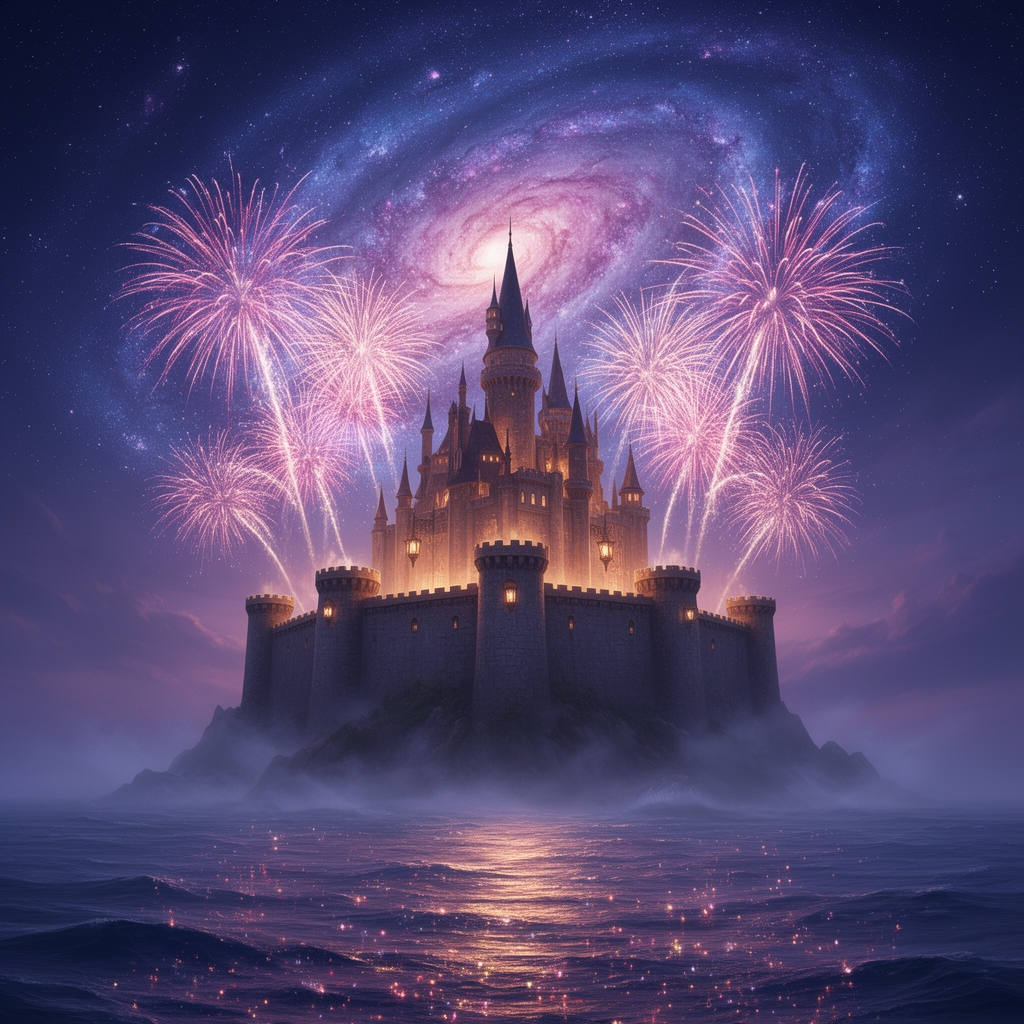 قلعه ی برآمده از اقیانوس آرام  نورپردازی شدید، آسمانی کهکشان به رنگ های صورتی متمایل به بنفش و بنفش و آبی پرنگ یا همان نیلی که آتش بازی  به رنگ آسمان شب  برگزار شده است 2