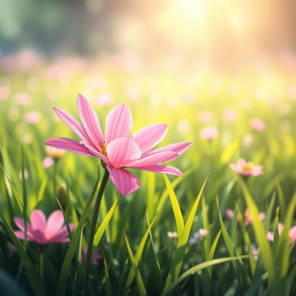 یک گل صورتی رنگ که داخل یک چمن زار است بسیار زیبا و دیدنی 4