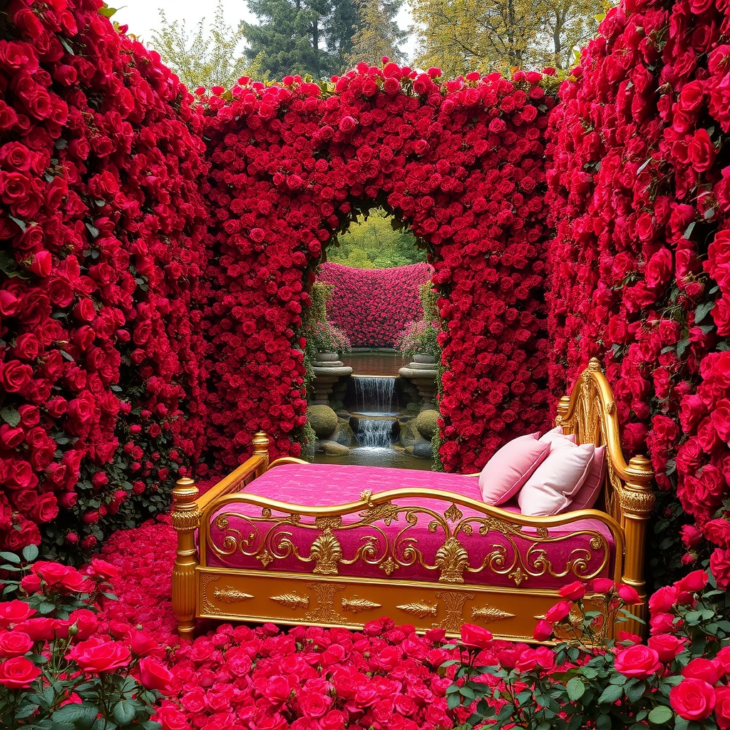 در باغی پر گل سرخ 
در و دیوار بلند آن پوشیده از گل سرخ 
زمین پر گل 
وسط باغ 
تونل مسقف از گل سرخ 
گوشه کنار رود آبشار جاری ست 
یک تخت خواب قرون وسطایی طلایی با کوسن صورتی12
