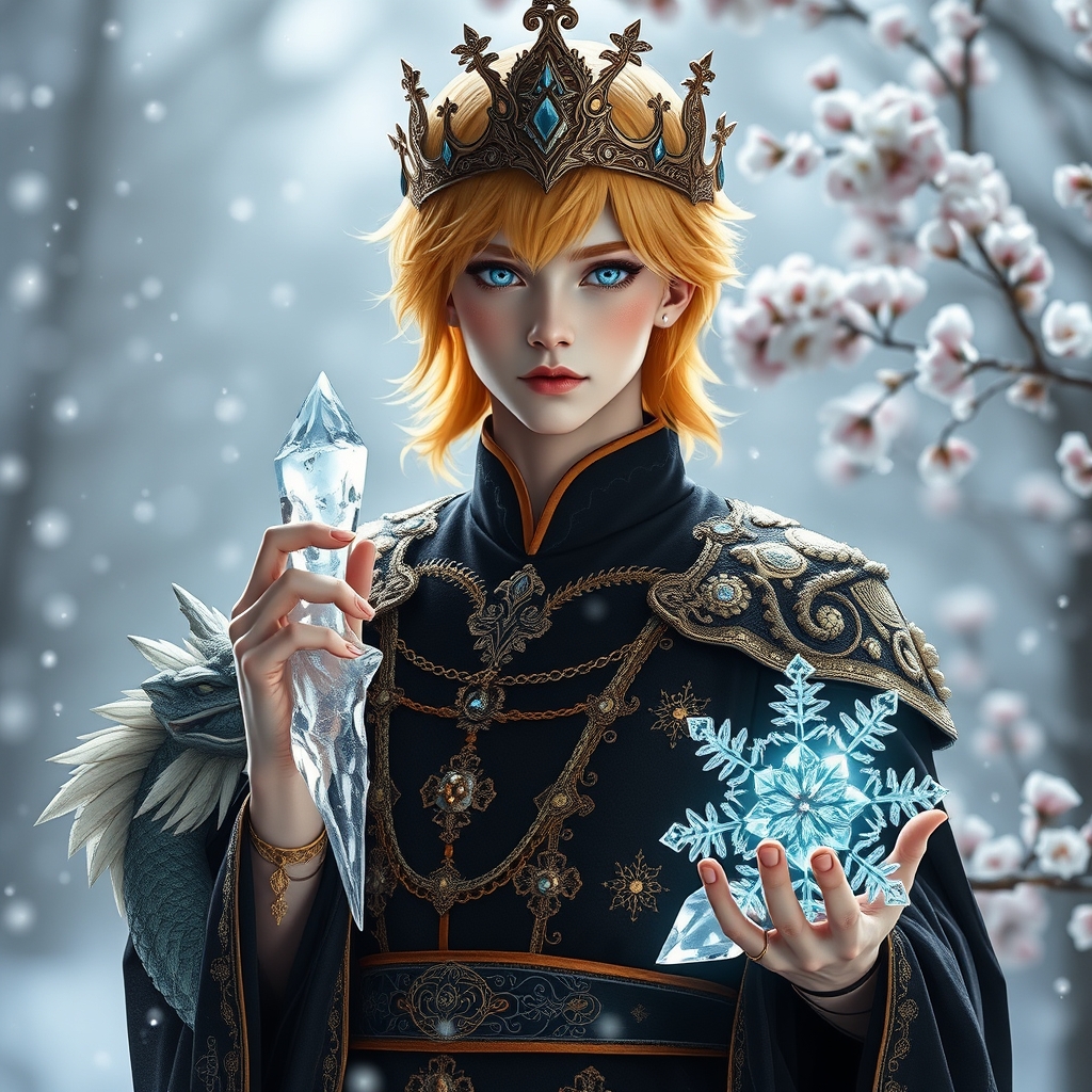 🌟مرد جوان زیبا ترین جهان همینطور در هوش مصنوعی رویایی که شکوه خدا را داشته باشد که نظیر آن در دنیا نباشد با موهای نچندان بلند و نچندان کوتاه زرد براق و باچشم های کریستالی که مردمک دریا باشد و با پوستی سفید همرنگ برف با گونه قرمز لبی سرخ با لباس سلطنتی مشکی طلایی اکلیری خیلی و با گوشواره و اژدهای بزرگ کریستالی در کنارش
زیبا 🧊 یخ❄برف🔮گویه برفی🪷شکوفه بزرگ🫧هاباب.بزرگ 2