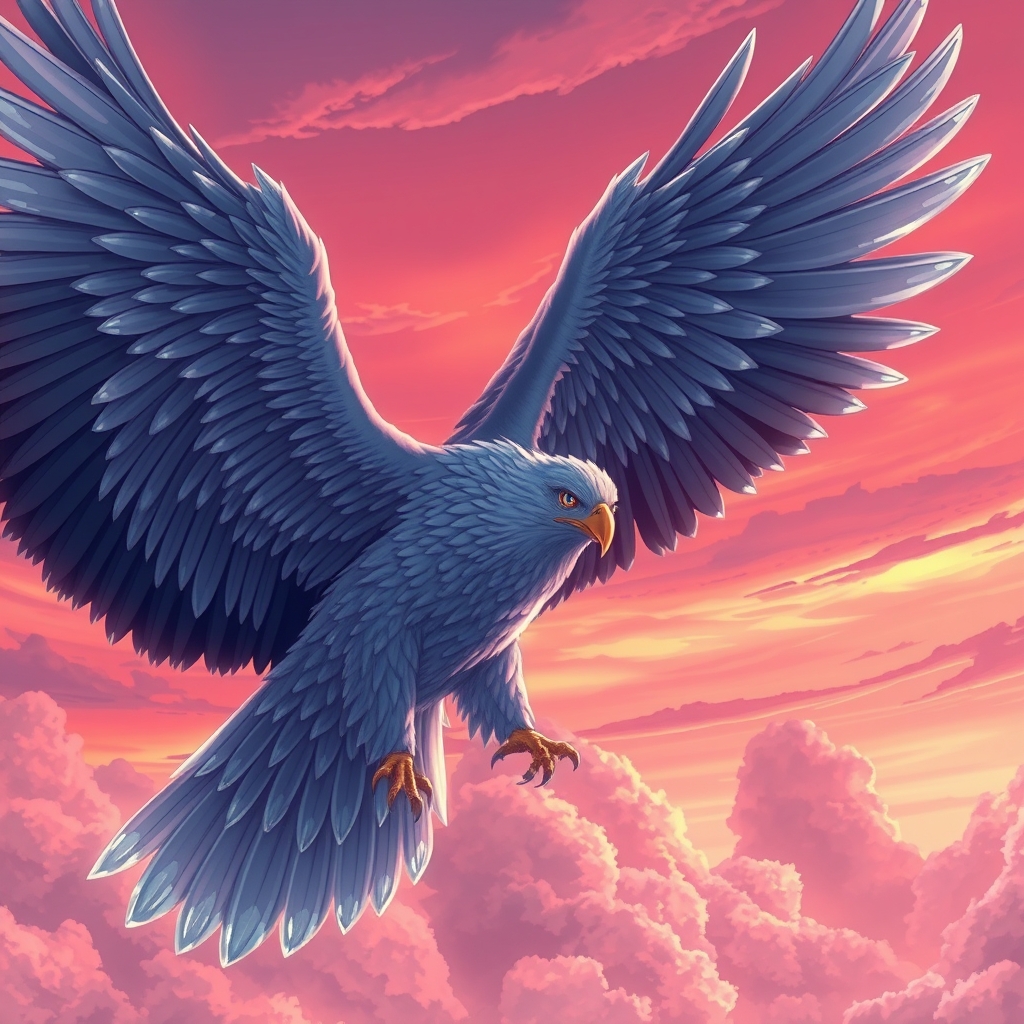 یک عقاب باشکوه با پرهایی از جنس یخ، در حال پرواز در آسمان صورتی نمایشی.9