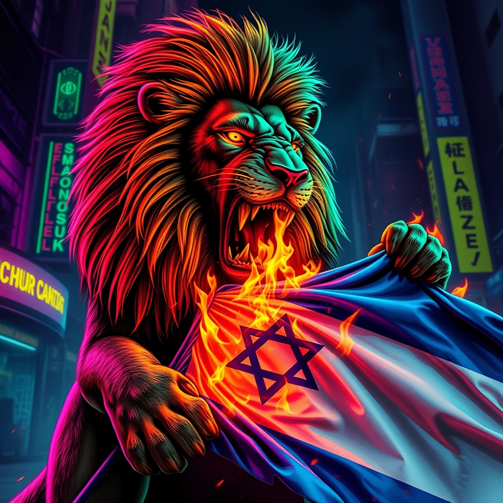 شیر ایرانی در حال پاره کردن پرچم اسرائیل و پرچم اسرائیل از داخل هم در حال سوختن است🇮🇷✨🦁🔥🇮🇱5