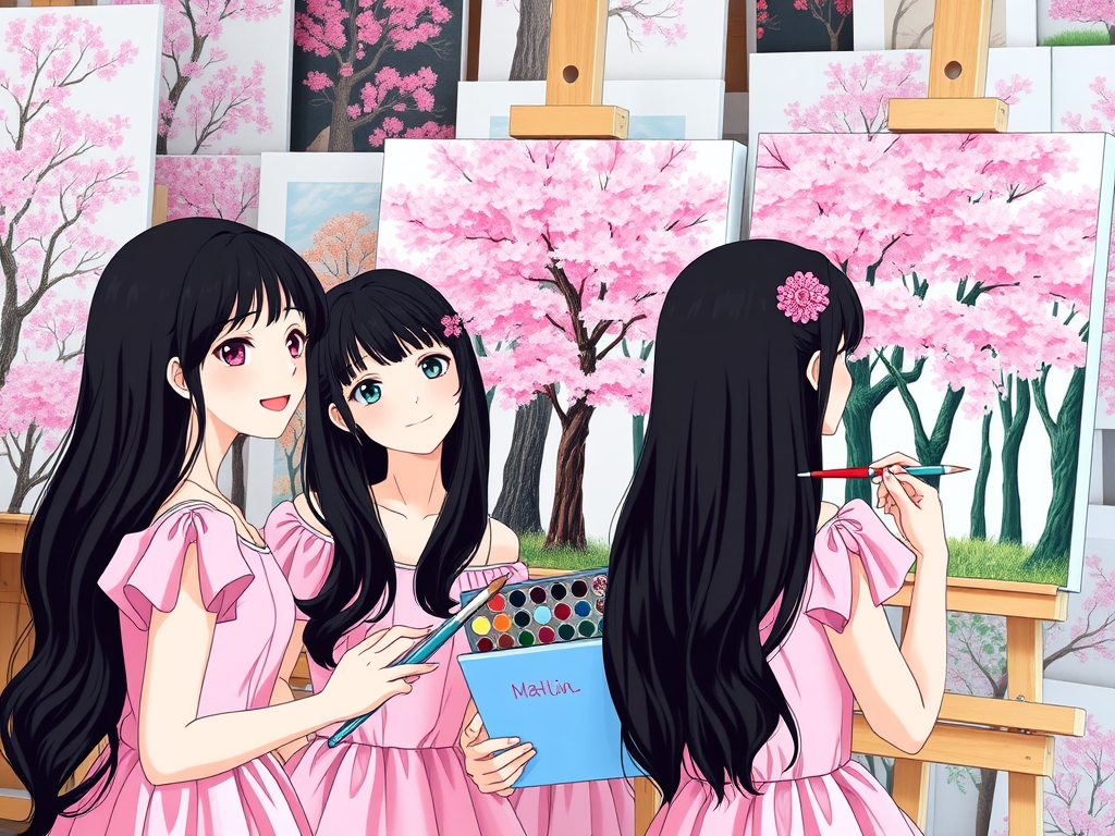 سه قلوهای نقاش و گرافیست ، نقاشی ، نقاش ، سه خواهر سه قلو که شباهت خیلی زیادی به هم دارند و در حال نقاشی کشیدن جنگلی پر از درخت های شکوفه صورتی روی بوم نقاشی هستند و هر سه تاشون قلمو و پالت رنگ در  دستشون دارند و هر سه تاشون موهای مشکی و بلند دارند و لباس هر سه تاشون صورتی و دامن دار مانند پرنسس ها باشد و لب های سرخ و لبخندی ملایم داشته باشند و روی مو های آنها گل صورتی اکلیلی است و پشت پر از تابلو های نقاشی است و انیمه هستند9