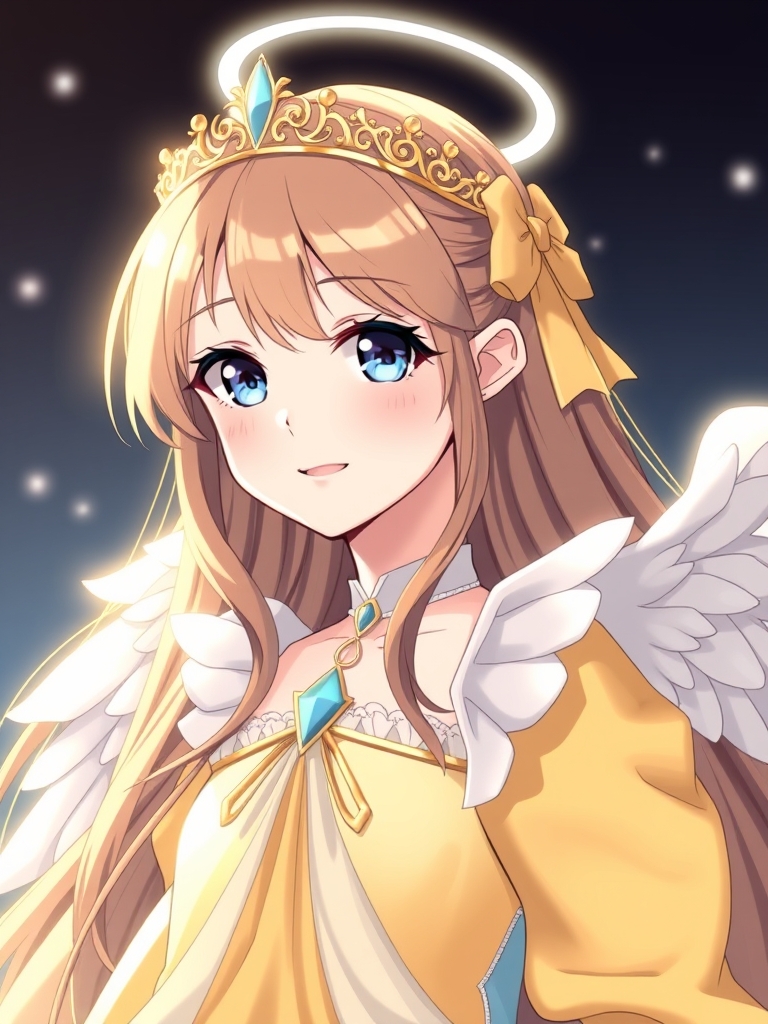 فرشته ای زیبا در با لباسی زرد و سفید و زیبا و با وقار و موهای زیبا و بلند و صورتی پاک و زیبا و معصوم و تاجی ظریف بر سرش و چشم های آبی آسمونی ۱۸ساله22