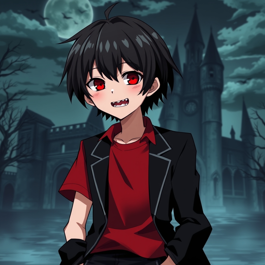 یک پسر خوناشام که موهای سیاه و چشمانی قرمز دارد دندان های نیشش دیده میشود و یک نیم آستین قرمز و کت و شلوار سیاه پوشیده دست هایش در جیبش است و قیافه بیخیال دارد شب است و پشت او قلعه ای ترسناک و متروکه است 0
