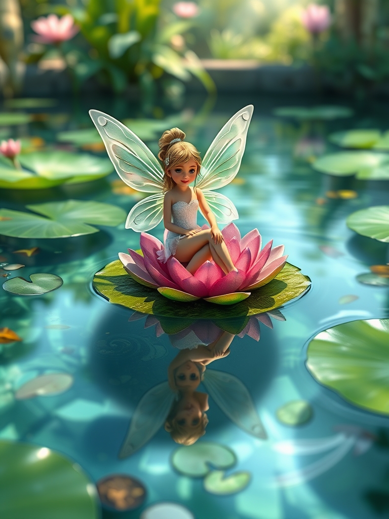 یک پری دوست داشتنی بر روی برگ نیلوفر آبی روی
آب برکه ای زلال و زیبا فضا دلنشین آرامش بخش باشد14