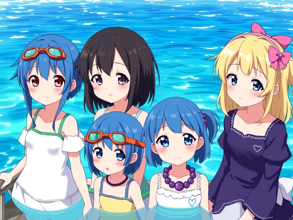 چهار تا دختر در دریا
اولی دختری با موهای ابی با نوک سیاه با عینک شنا
دومی دختری با موهای ابی ۴ ساله با عینک شنا
سومی یک دختر باموهای سیاه با ندک بنفش
چهارمی با موهای طلایی با نوک صورتی
همشون با لباس زیبا 11