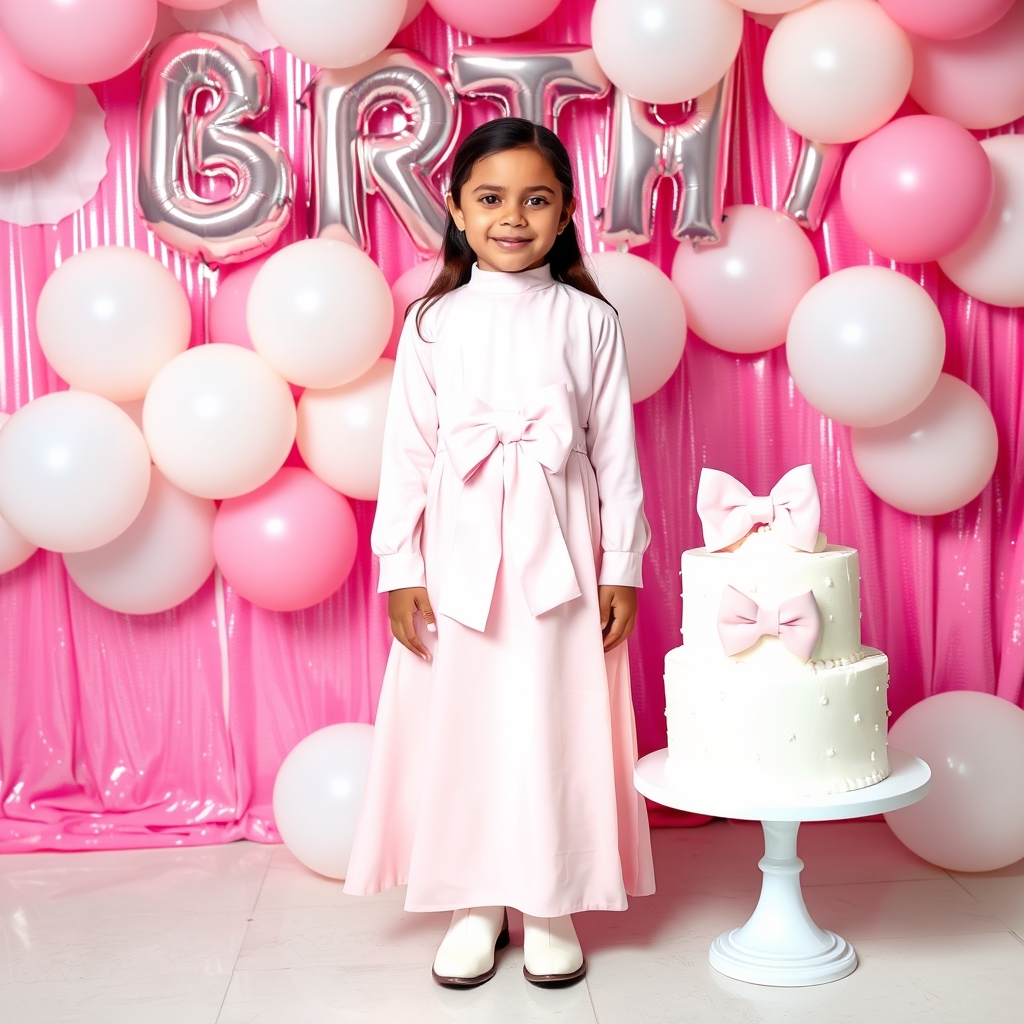 یه دختر ۱۳ساله با لباس عروس صورتی کوتا تا جای زانو که یک پاپیون بزرگ سفید روی سینش هست وبا بوت بلند تا جای زانو سفید روی کیکش هم که سفیده یک پاپیون هم اندازه کیک صورتی هست و کلی بادکنک سفید و صورتی پشتش هست که روشون ۳ پاپیون های خیلی کوچولو هست که همشون دارن و پشتش یه پرده تولد صورتی براق هست و به دوربین لبخند زده5