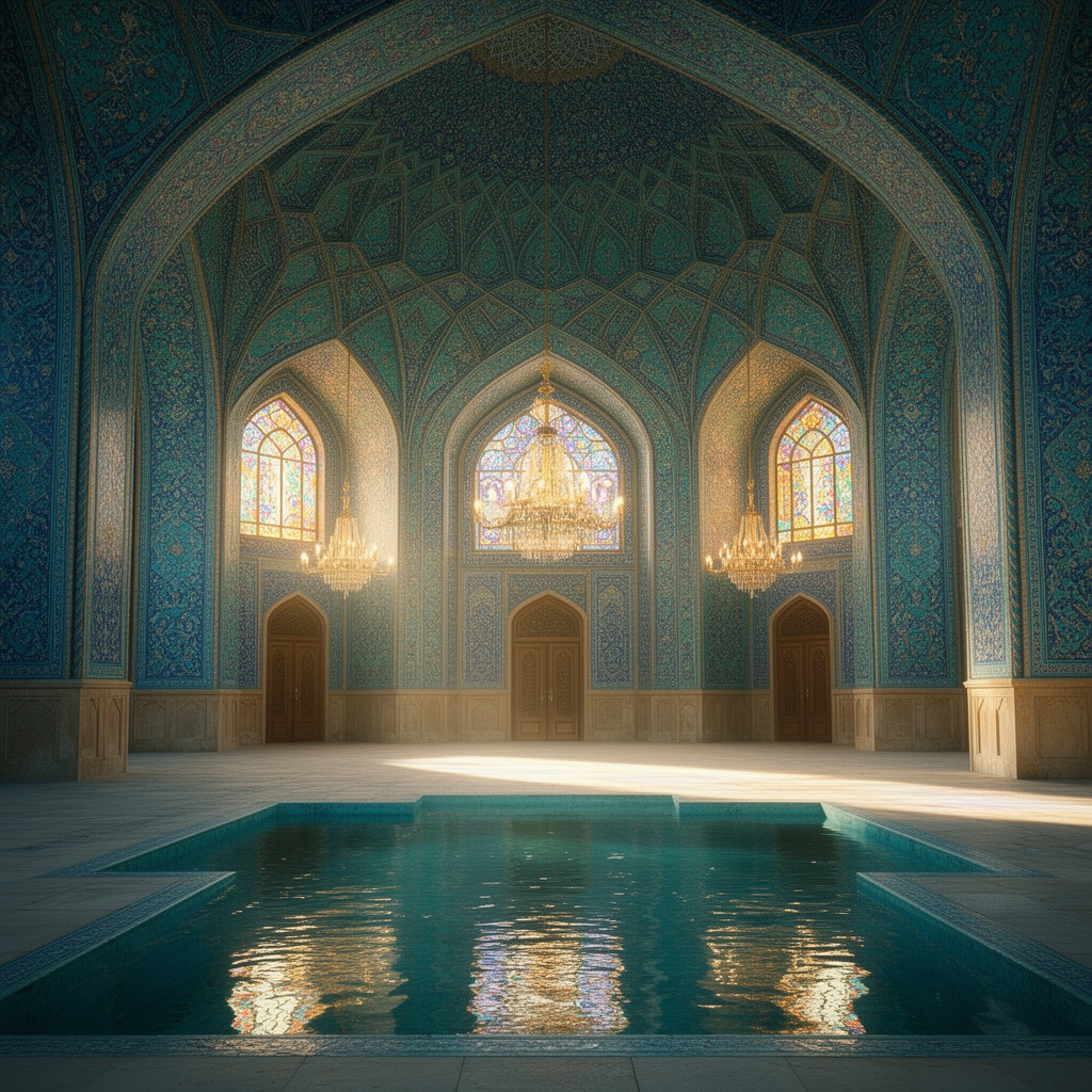 نمای داخلی یک مسجد قدیمی ایرانی با کاشیکاریهای فیروزهای و لاجوردی خیرهکننده، انعکاس تصویر در حوض آب وسط حیاط، معماری دقیق.0