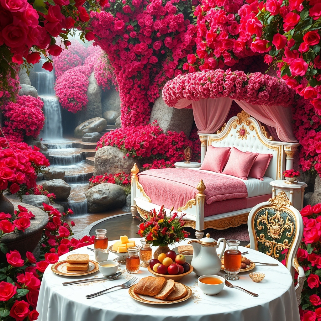 باغ گل رز سرخ در و دیوار زمین همه جا سرتاپای باغ با رز سرخ پوشیده شده
آبشاران جاری اند
رودها به هم می ریزند
یک طاق گل صورتی
یک تخت خواب سفید طلایی با کوسن صورتی
یک میز سفید و طلایی مجلل صبحانه
پر نان کره خامه عسل مربا شیر میوه 14