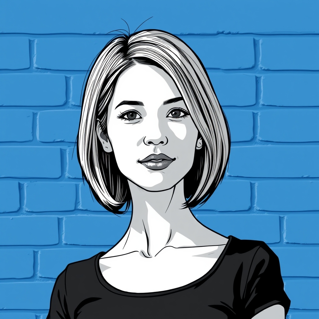 The image shows a person with shoulder-length hair, whit texture surface, wearing a black top, standing in front of a blue wall.22